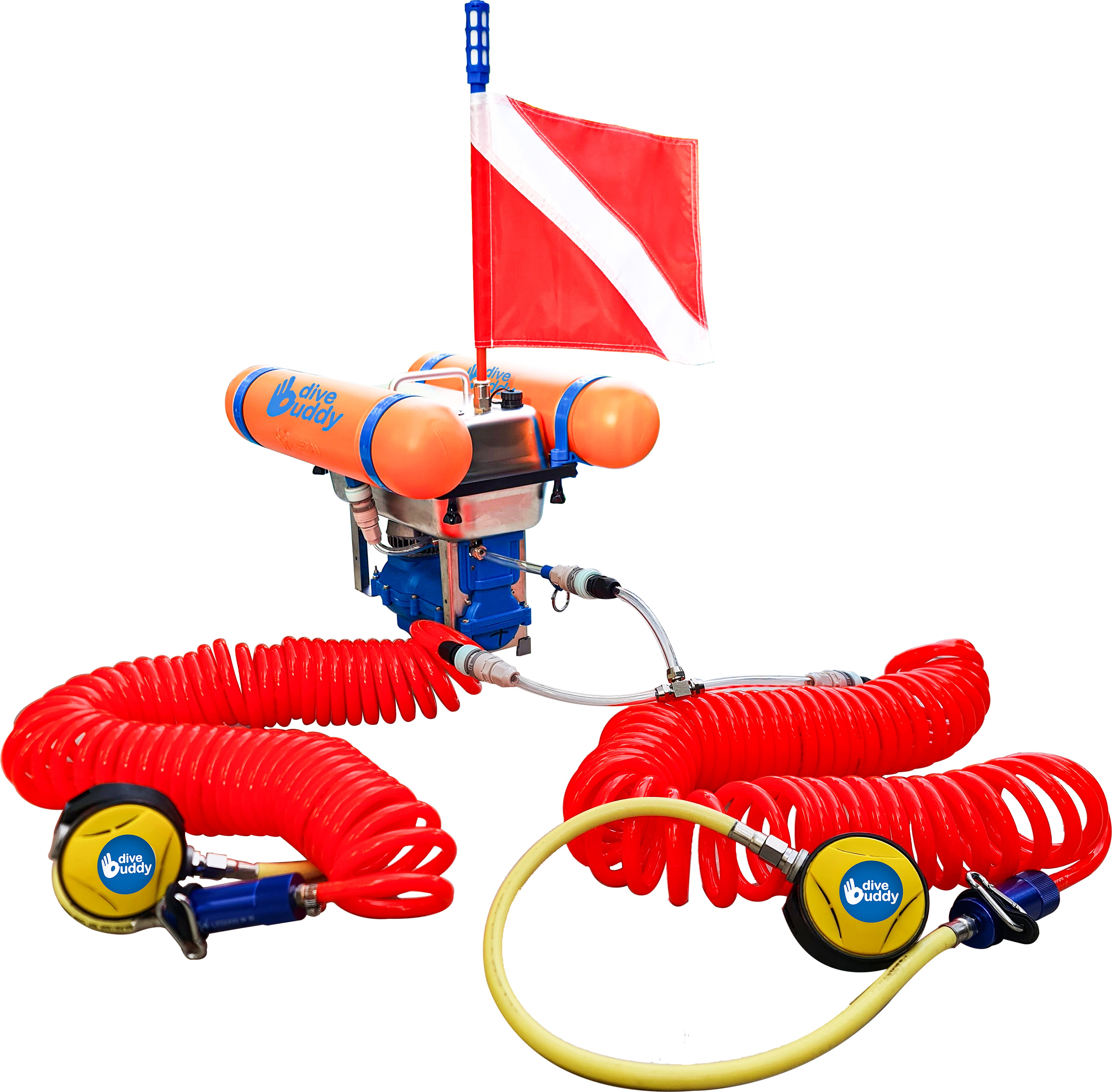 DiveBuddy Portable Diving Compressor Diving Gear Two Curly Hoses and Flag